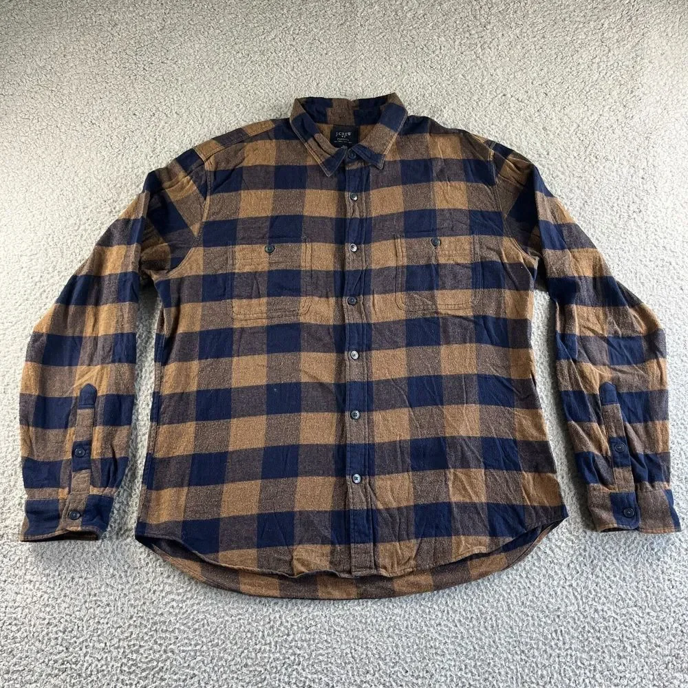 J. Crew Shirt Mens Extra Large Blue Brown‎ Check Flannel Button Up Midweight